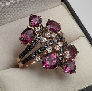 14k Rose Gold Pink Tourmaline Black Diamond Sz 7 Ring